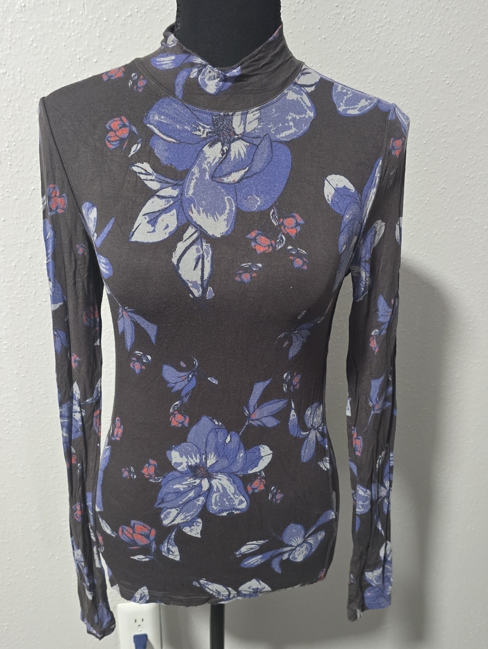 Long Sleeve Floral Mock Neck Top - Black with Blue Flowers